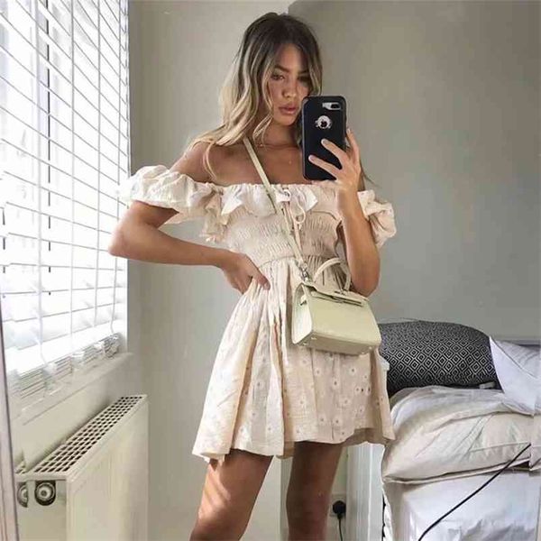 

ruffle tunic pleated dress women summer embriodery vintage beach puff sleeve daisy flower print boho vestidos 210427, Black;gray
