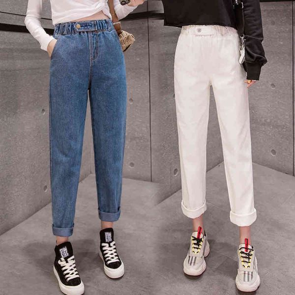 

autumn winter clothes ladies high waist female boyfriend jeans with a tight waistl denim ripped jean woman plus size 210522, Blue