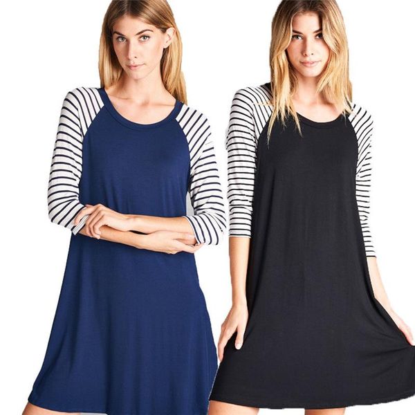 

patchwork striped women casual dress long sleeve ladies autumn spring cotton mini comfortable loose dresses, Black;gray