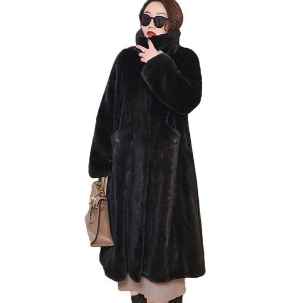 

women's fur & faux long coat winter clothing women oversize jacket parka hairy lapel overcoat thick warm female plush coats 5xl, Black