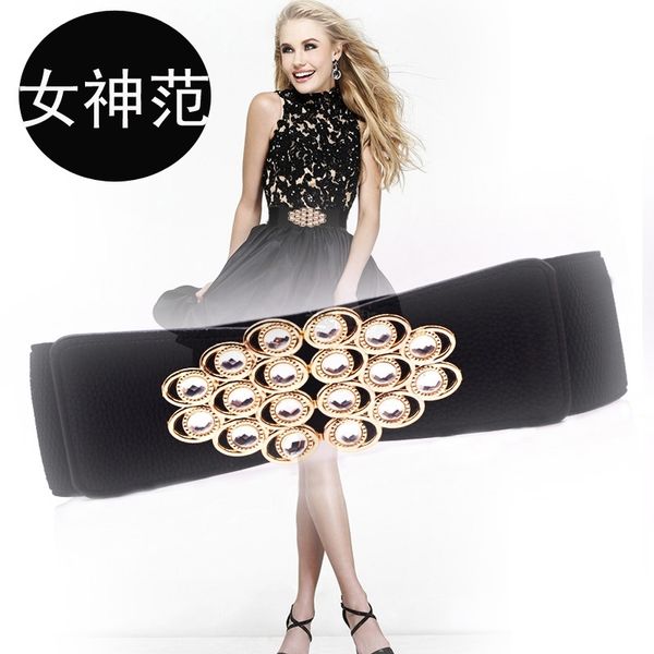 

2021 low price wholesale fashionable wide elastic belt with diamond shining versatile women's waistband decoration, Black;brown