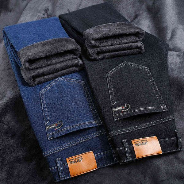 

jeans plush thickened denim winter warm, lint and friendly straight men's leisure pants, Blue