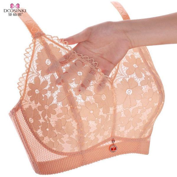 

bras summer lace ultra-thin no steel ring bra, close breast, large chest, small fat mm adjustable back underwear, women, Red;black