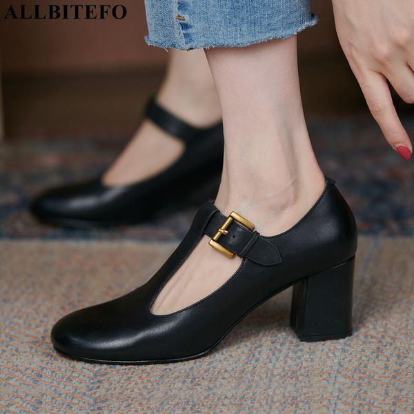 

dress shoes allbitefo high-end fashion thick heel comfortable real genuine leather women heels high office work, Black