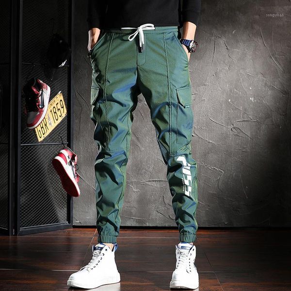 

men's pants dazzle color reflective cargo men handsome joggers casual streetwear drawstring trouser, Black