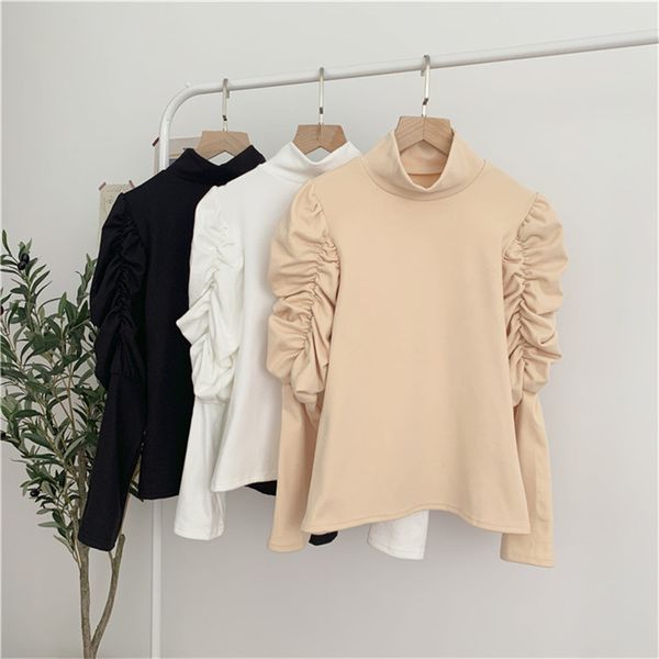 

women's spring fall turtle neck bubble long sleeve solid ol elegant bottom shirt fitness shirts 210421, White