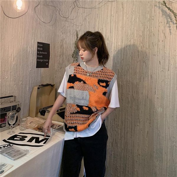 

college style contrast color vest v-neck pullover sweater vestfashion vests women, Black;white