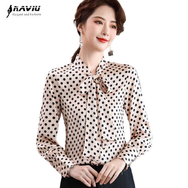 

polka dot shirt women long sleeve autumn fashion temperament elegant bow satin blouses office ladies formal work 210604, White