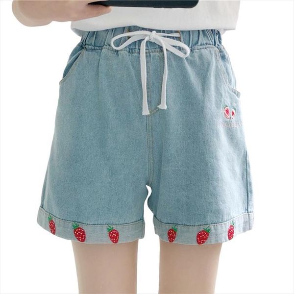 

strawberry embroidery denim high waisted womens short bottoms summer loose kawaii jeans teen girls cute casual pants, White;black