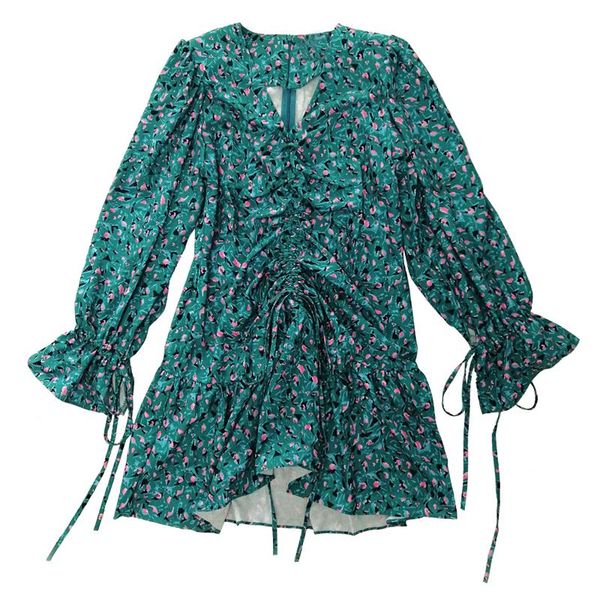 

casual dresses vsue women vintage baroque floral print green black dress v-neck zipper flare long sleeve elegant mermaid mini d2299, Black;gray