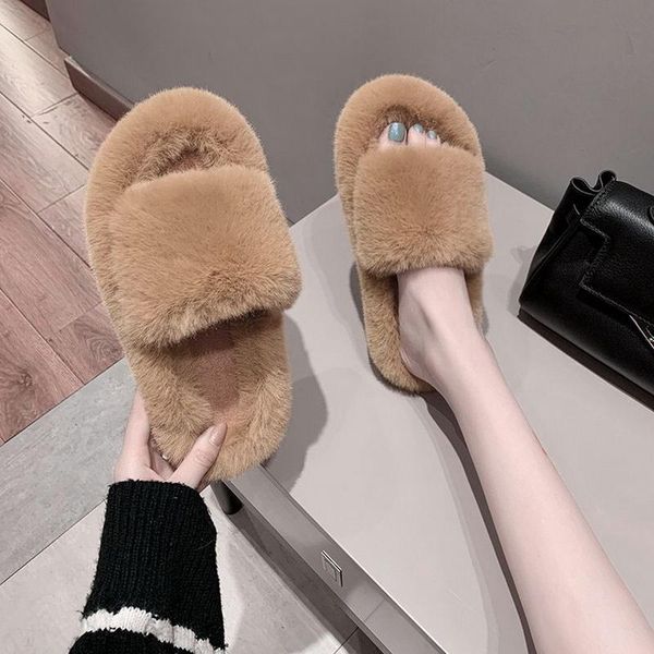 

women fur shoes 2021 ladies' slippers flock slides multicolored plush rubber flat designer basic with rome drop, Black
