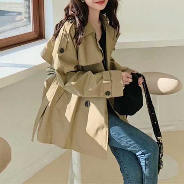 

women's trench coats 2021 korean style tooling coat design sense spring and autumn khaki, Tan;black