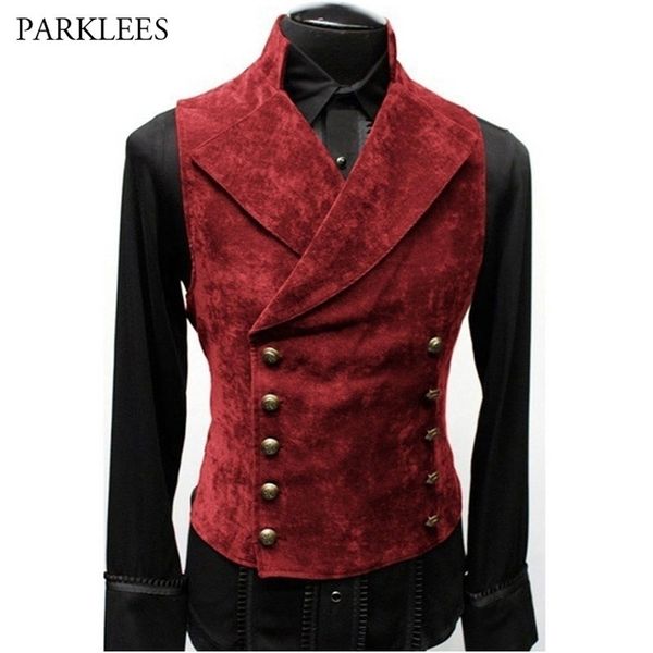 Vintage vermelho camurça terno colete homens marca dupla coletes de peito coletes casuais slim slim sem mangas steampunk gilet homme 3xl 210925