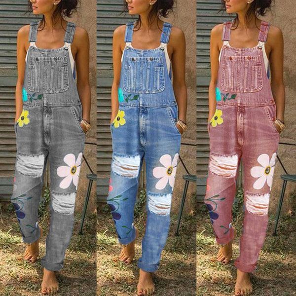 

women's jeans blue denim overalls 2021 fashion jumpsuit loose wash printing mother sleeveless suspenders casual streetwear