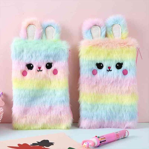 

student cartoon rabbit pencil case cosmetic bags women small preppy style rainbow fur multi color embroidery zipper makeup bag