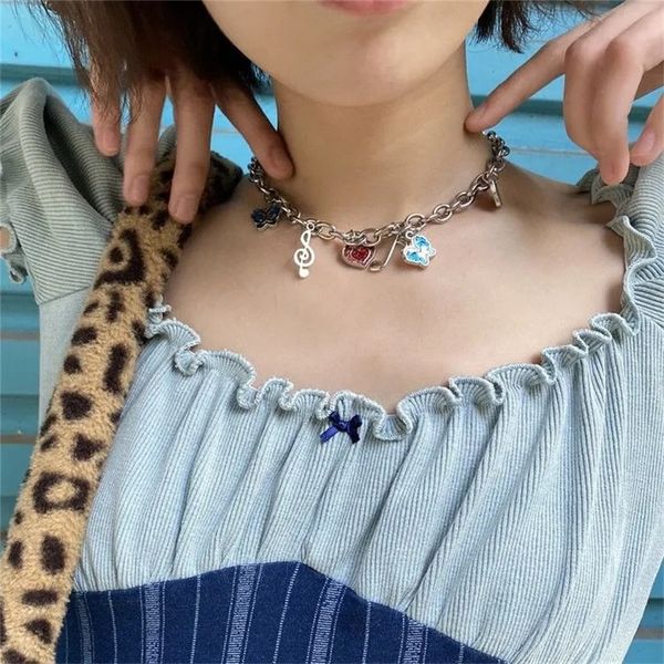 

harajuku punk style butterfly love heart pendant choker chain necklace for women egirl goth hip hop street jewlery accessories, Silver