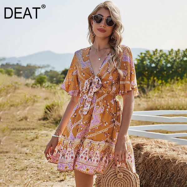 

[deat] summer fashion v-neck bow short sleeve printing a-line bohemian style dress women 13c647 210527, Black;gray
