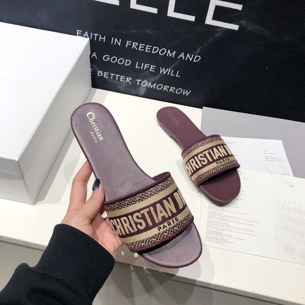 

slippers d family letter one line slipper female fashion versatile star same new embroidery flat slipper beach sandal female zly, Black