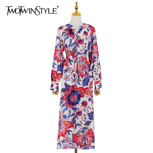 

print lace up dress for women o neck long sleeve high waist hit color vintage dresses female fashion clothes 210520, Black;gray