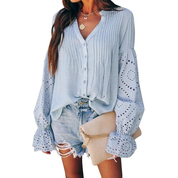 

women's blouses & shirts elegant women shirt rekindle eyelet button down sweet blouse elastic ruffle cuff long sleeve casual street tun, White