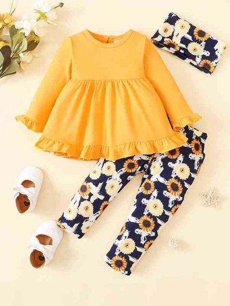 

baby flounce sleeve ruffle hem & sunflower print leggings & headband she, White