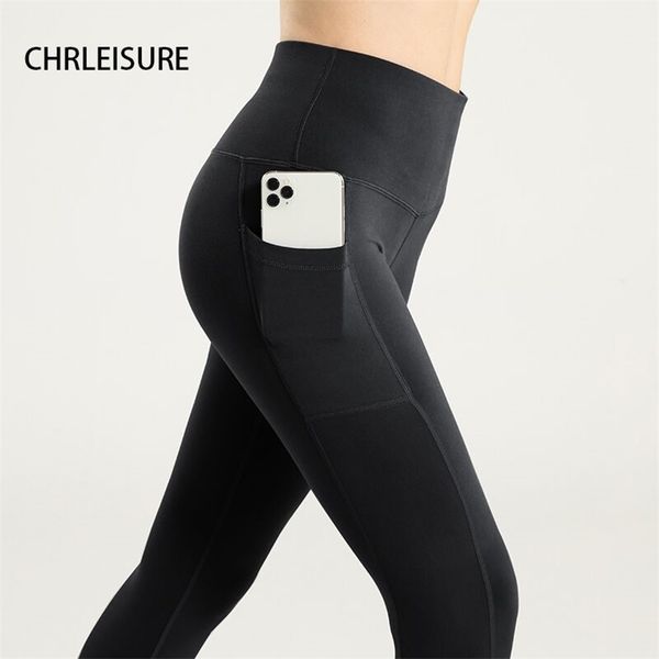 

chrleisure workout pocket women leggings elastic fitness gym legging high waist skinny leggings running hip lift leggings 210913, Black