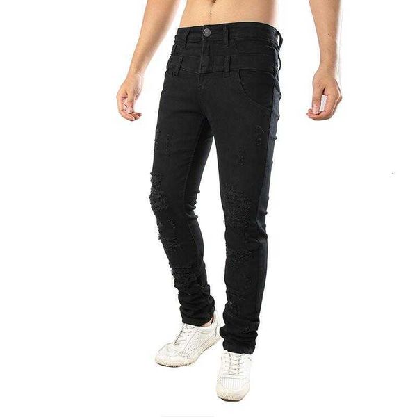 

men's jeans men motorcycle stitching trousers fashion knife cut holes ragged begging youth jogging pants, Blue