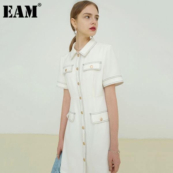 

[eam] women white single breasted temperament dress laepl short sleeve loose fit fashion spring summer 1dd8728 21512, Black;gray