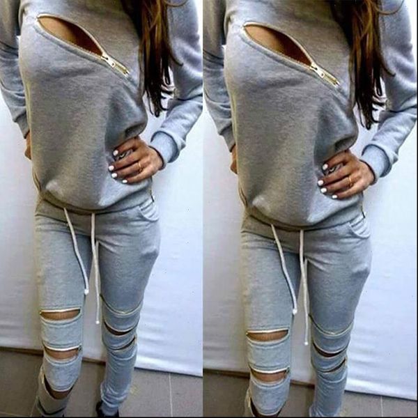 

hoodies womens tracksuits sweatpants sets casual 2 pieces clothing spring sportswear female pullovers zipper hole, Gray