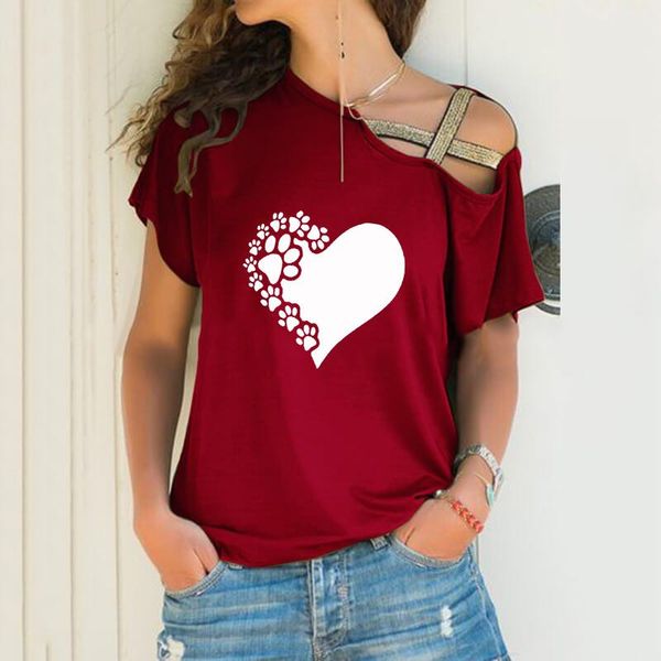 

women's t-shirt heart paws graphic print loose women irregular tshirt animal lover gift punk skew neck cross bandage, White
