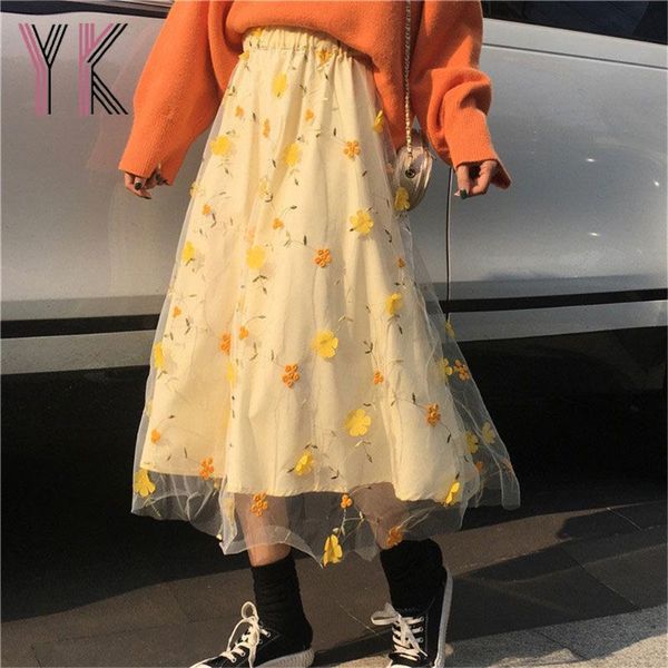 Gonne Ricamo floreale Giallo 3D Maglia rifinita floreale Midi Elastico Vita alta Donna Lungo coreano Kawaii Dolce carino Saia