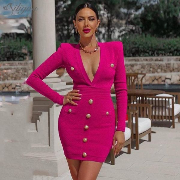 

casual dresses ailigou 2021 elegant long-sleeved rose red button tight bandage dress summer women's deep v-neck mini party vestidos, Black;gray