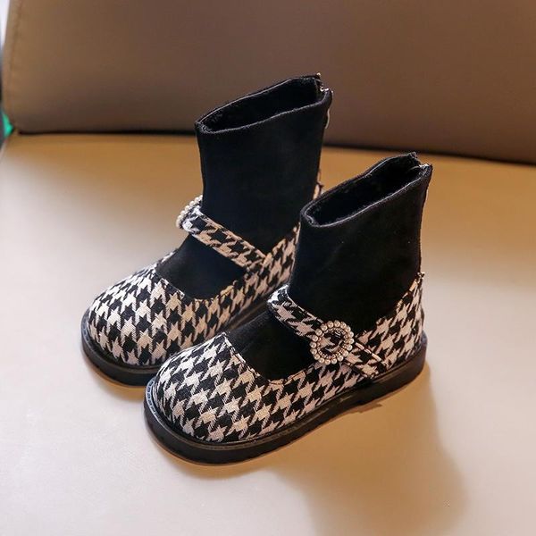 

boots pearl crystal buckle plaid kids winter warm plush princess ankle shoes for girls anti slip suede children fashion, Black;grey