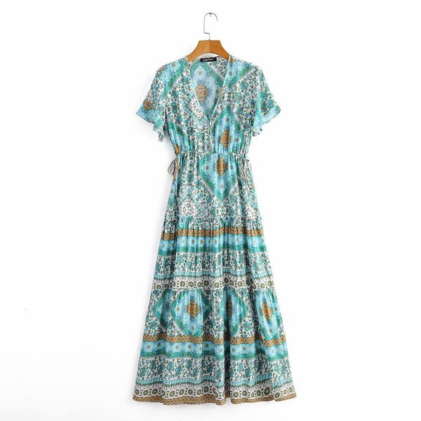 

casual dresses women spring summer bohemian es floral print sleeve ruffle panelled maxi v-neck holiday beach long, Black;gray