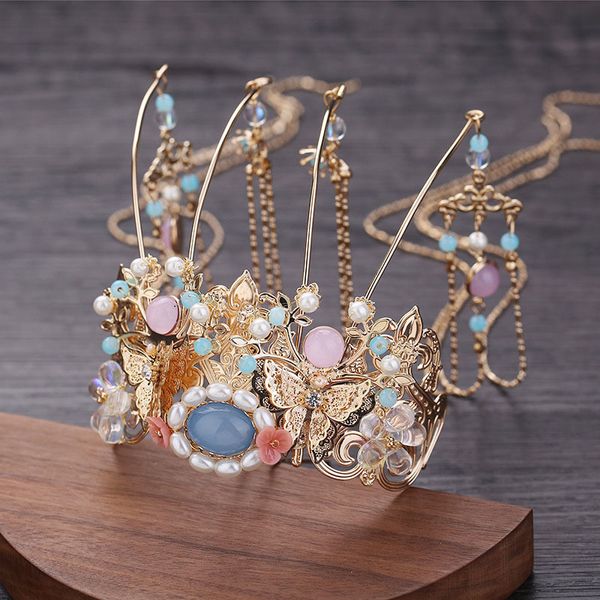 

forseven long tassel phoenix coronet simulated pearls tiaras and crowns headbands sticks chinese wedding hair jewelry, Slivery;golden