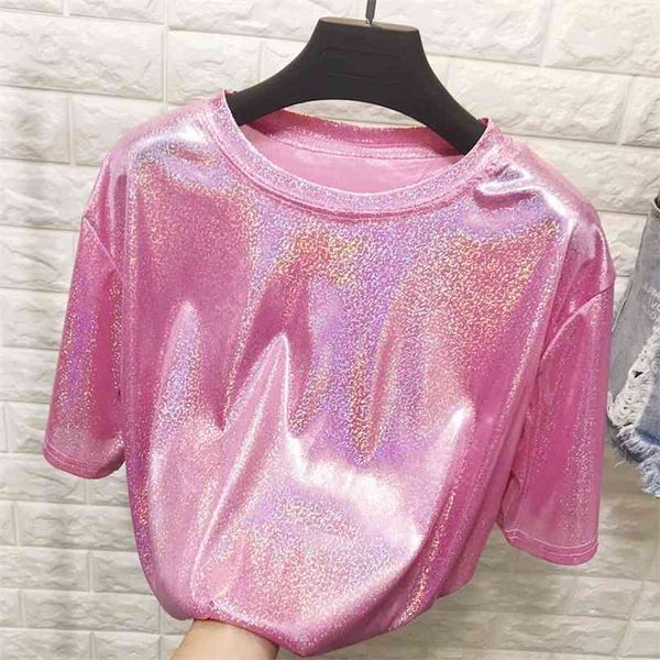 

summer retro style stylish bright silk woman shiny loose short sleeve t-shirt club aesthetic harajuku women tshirt 210607, White