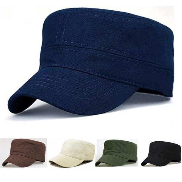 

classic men solid color army hat cadet combat plain military flat cap cshat0022 wide brim hats, Blue;gray