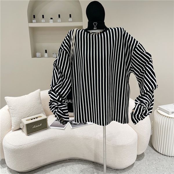 

spring niche design women medium-versatile length stripe shirt vertical around the neck plied super sleeve top, White