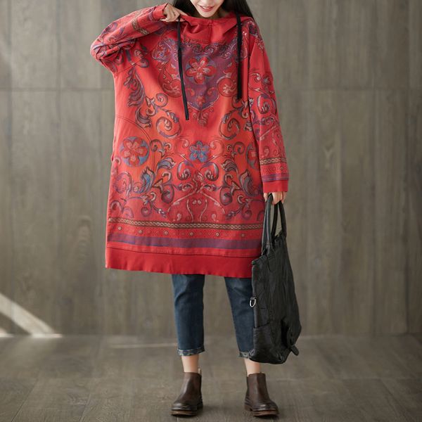 

johnature korean casual autumn vintage dress loose floral print long sleeve hooded plus size 2 colors women dresses 210521, Black;gray