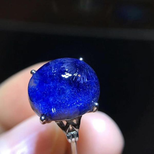 

cluster rings 12.2/10.3mm natural blue dumortierite rutilated quartz crystal silver adjustable ring woman stone jewelry, Golden;silver