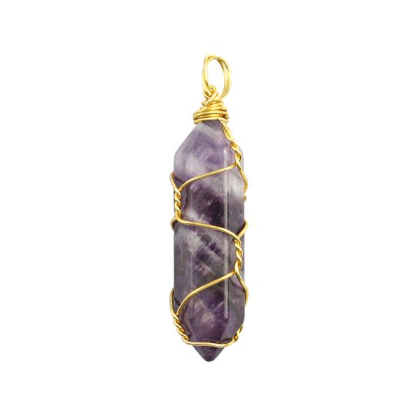 

wholesale natural crystal stone pendant handmade wrap turquoise rose quartz tiger eye hexagonal prism necklace making without chain, Silver