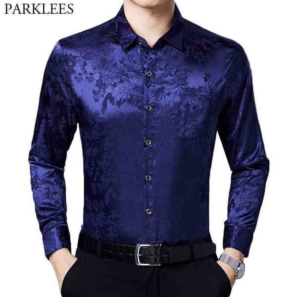 Синяя гладкая шелковая рубашка мужчины стильный китайский дракон печать мужские тонкие фигурные платья рубашки сатин повседневная мягкая мужская смокинг рубашка 4xL 210522