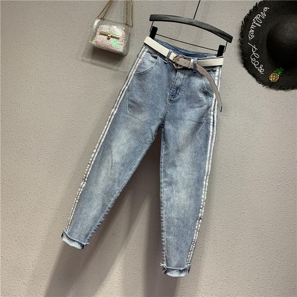 

women's jeans for women high waist cotton white stripe line harem mom spring 2021 plus size washed blue denim