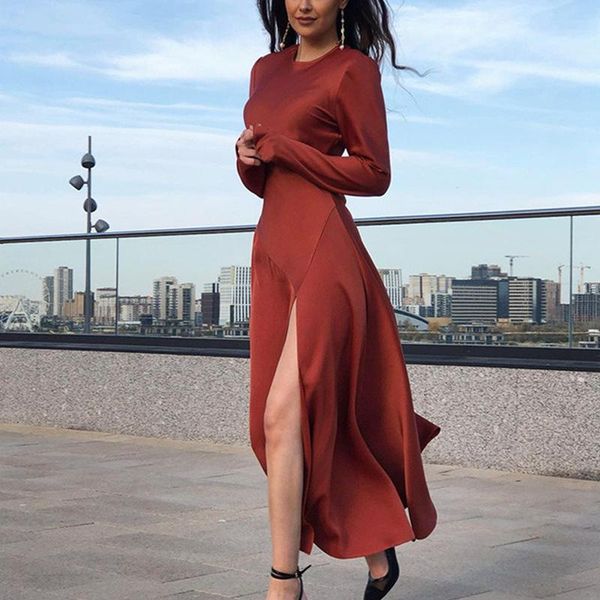 

casual dresses female autumn dress fashion party office lady vestidos long sleeve round collar split for vacation women solid, Black;gray