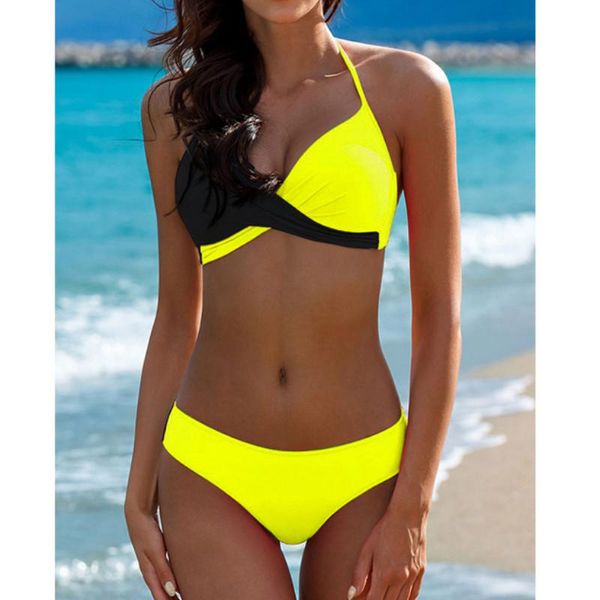 

womens padded push-up bikini set swimsuit bathing suit swimwear beachwear multi patchwork halter midi waist one-piece suits