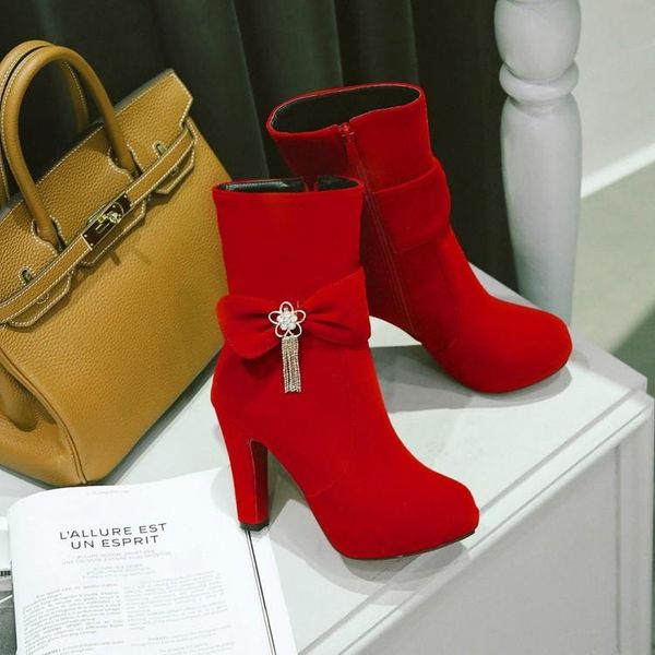 

boots big size women shoes ankle for ladies diamond pendant bow side zipper, Black