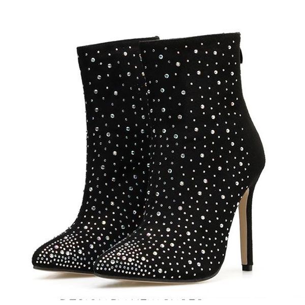

with box size 35 to 42 trend pointed high heel ankle boots black rhinestone designer booties women party club shoes