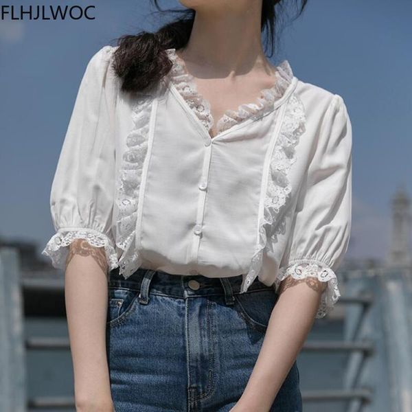 

women's blouses & shirts 2021 summer cute sweet girls blusas women korea chic japanese style solid white single breasted button