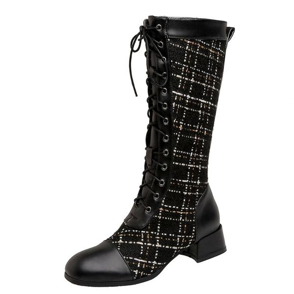 

boots plush thick high-heeled cross-lace knight checkerboard woven tweed lattice imported pattern stitching pu knee, Black