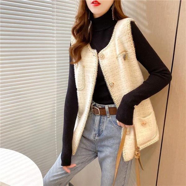 

women's vests chic elegant knitted vest jacket women vintage sleeveless single breasted cardigan waistcoat fashion casual outwear y166, Black;white